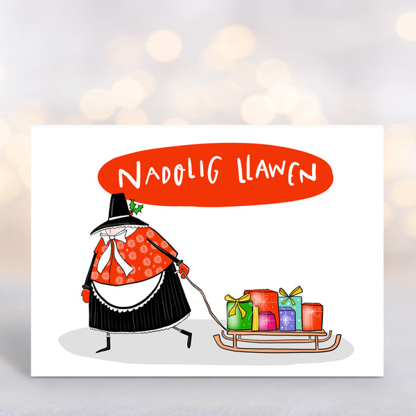 Welsh Lady sledge Christmas card