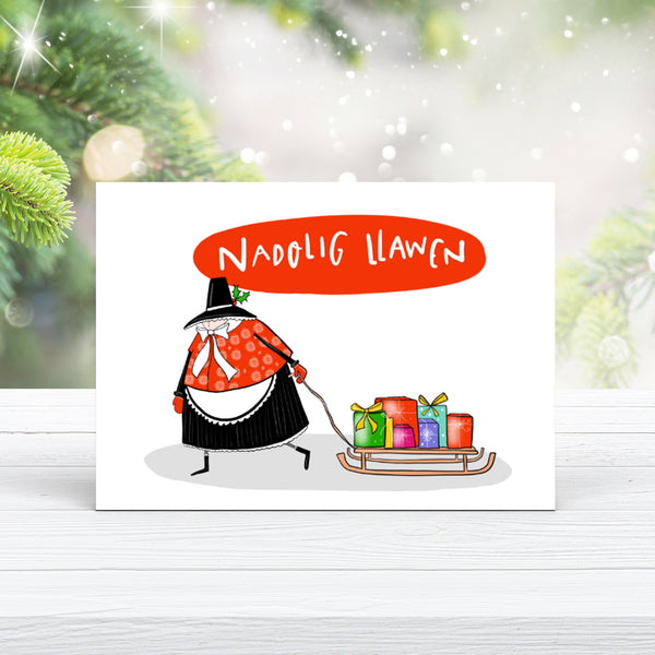 Welsh Lady sledge Christmas card