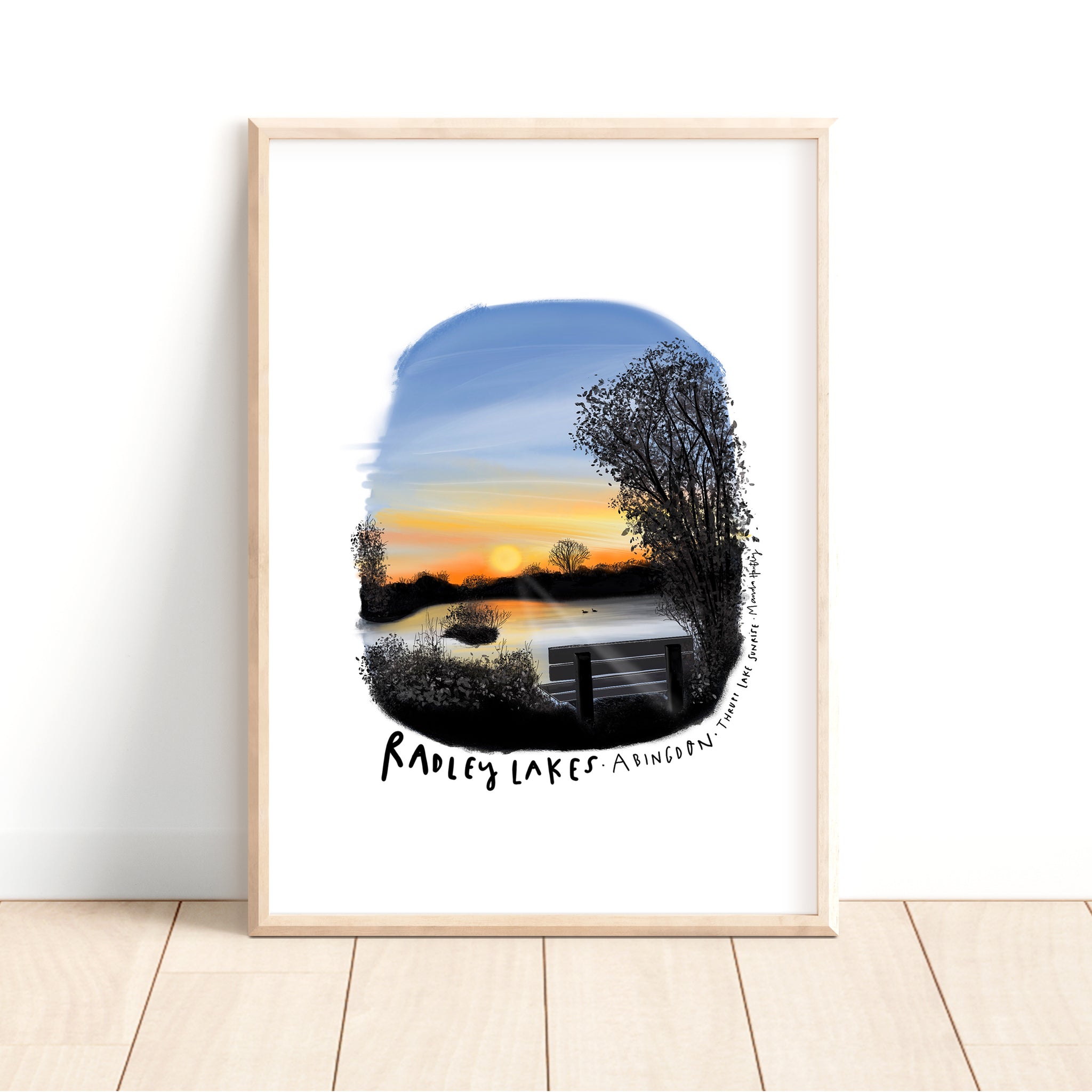 Radley lakes bench at Sunrise A4 print