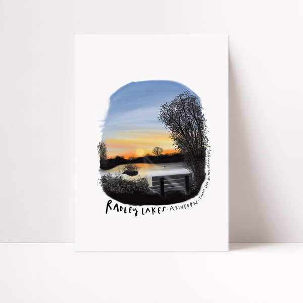 Radley lakes bench at Sunrise A4 print