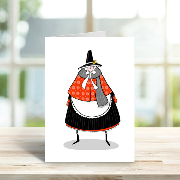 Winter Welsh lady Christmas card