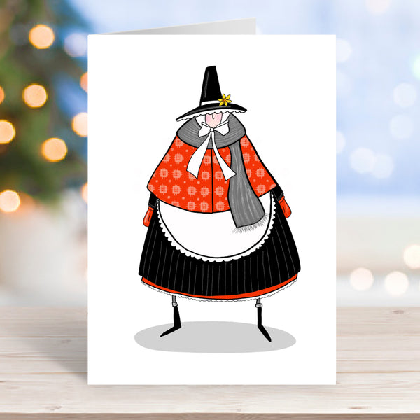 Winter Welsh lady Christmas card