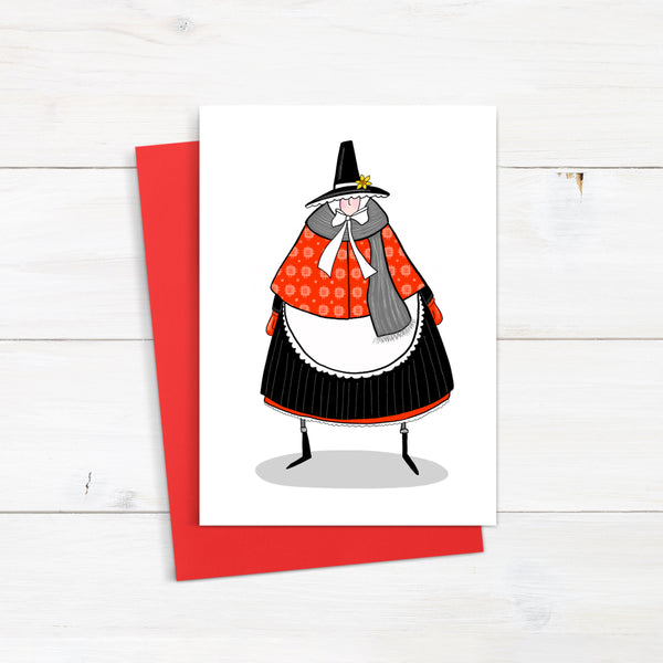 Winter Welsh lady Christmas card