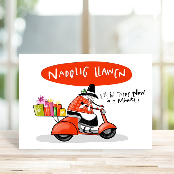 Moped Welsh Lady Christmas card