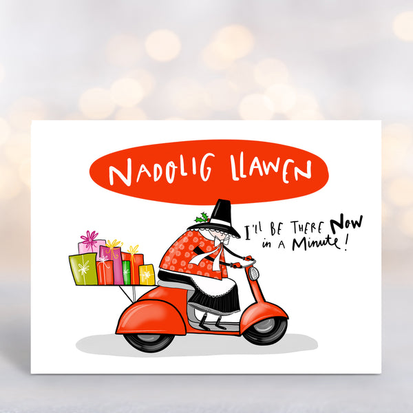 Moped Welsh Lady Christmas card