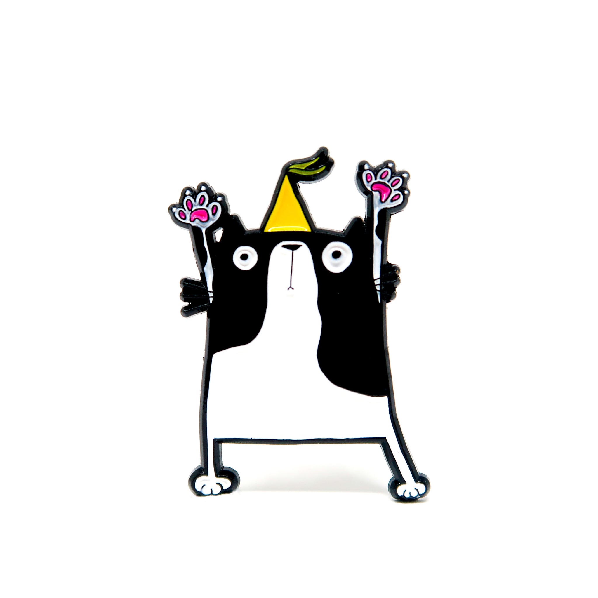 Black and white party cat enamel pin badge