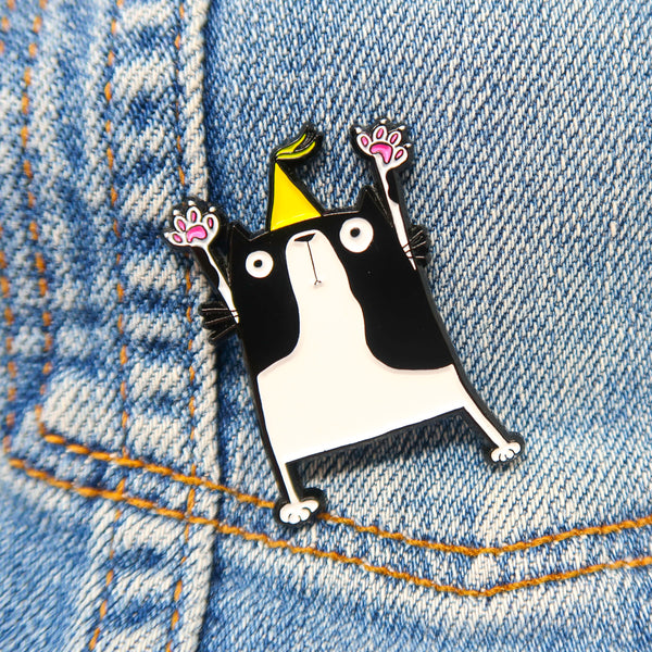 Black and white party cat enamel pin badge