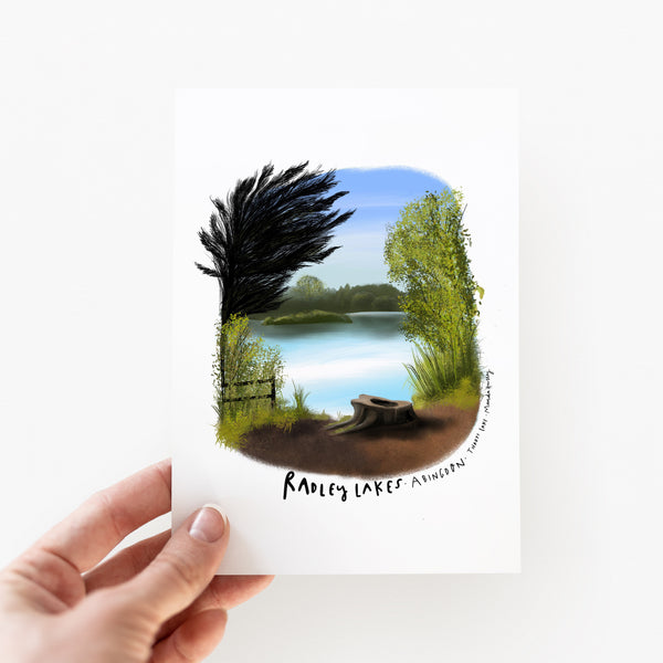 Radley lakes Abingdon, view from the tree stump card