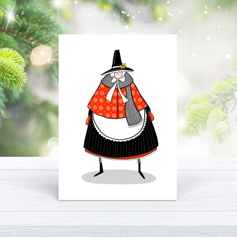 Winter Welsh lady Christmas card