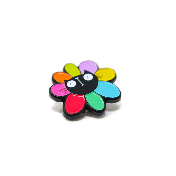 Black cat flower enamel pin badge - Hofficraft