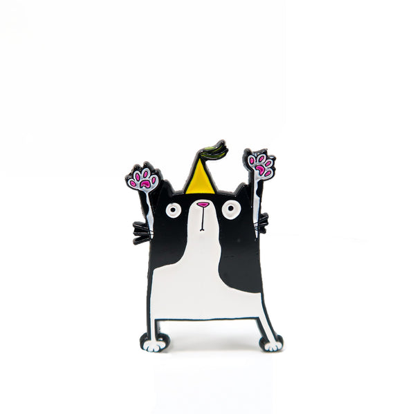 Black and White Party Cat Enamel pin badge - Hofficraft