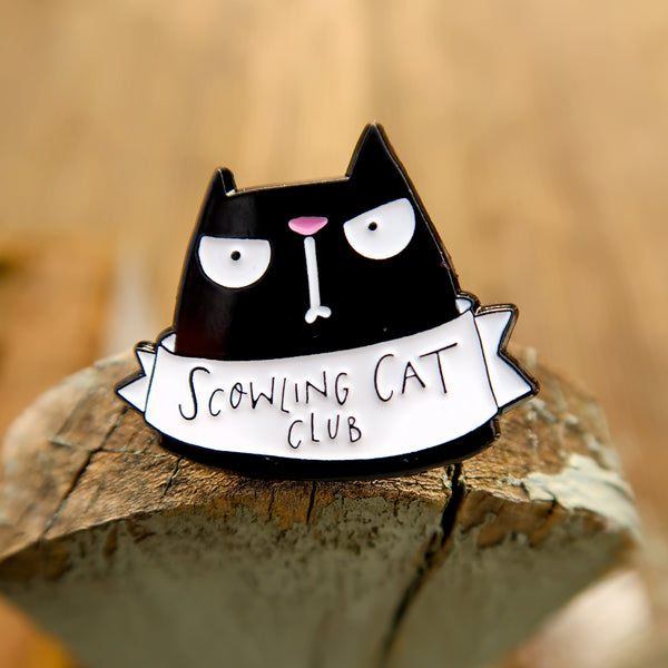 Scowling black cat enamel pin badge